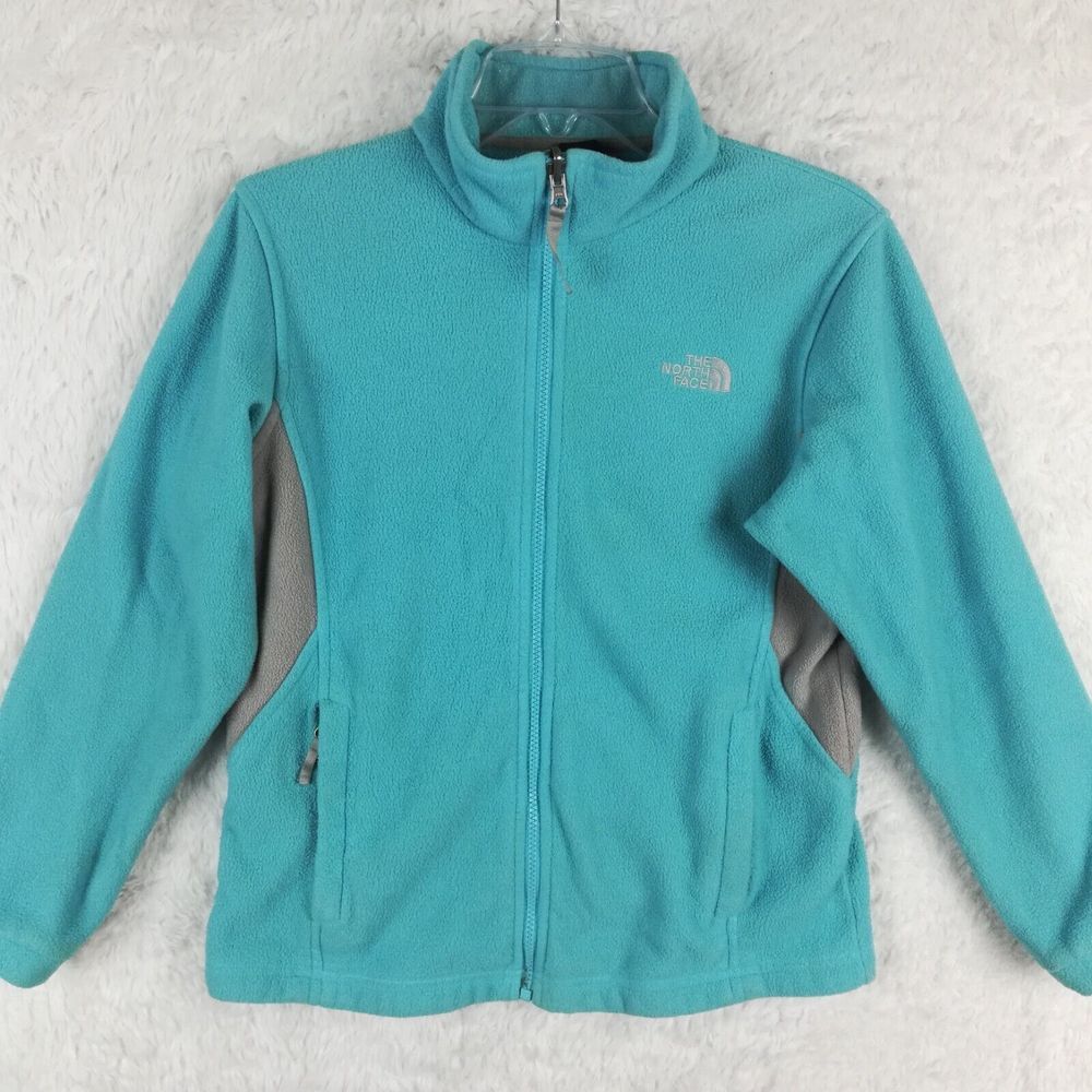 The North Face Girls Fleece Jacket Aqua Blue Gray Colorblock Zip Long‎ Sleeve XL